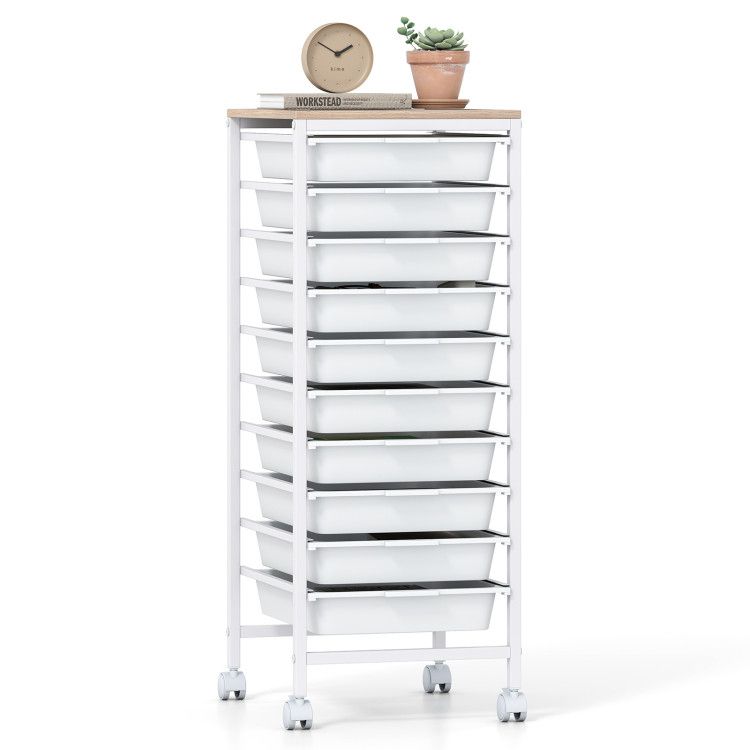 10-Drawer Rolling Storage Cart Mobile Utility Organizer with Wooden Tabletop and Lockable Wheels 10-Drawer Rolling Storage Cart Mobile Utility Organizer with Wooden Tabletop and Lockable Wheels