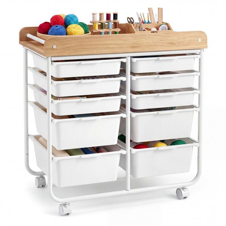 10-Drawer Rolling Cart with Wooden Tabletop and Lockable Wheels for Office