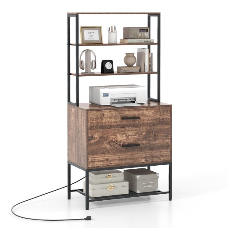 Freestanding File Cabinet with Charging Station and 3-Tier Open Shelves Freestanding File Cabinet with Charging Station and 3-Tier Open Shelves