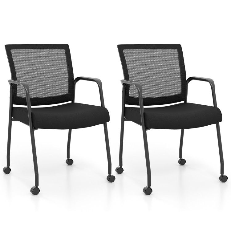 Set of 2 Office Guest Chairs on Wheels with Metal Frame and Armrests Set of 2 Office Guest Chairs on Wheels with Metal Frame and Armrests