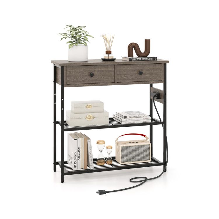 Narrow Console Table with 2 Drawers and 2 Metal Mesh Shelves