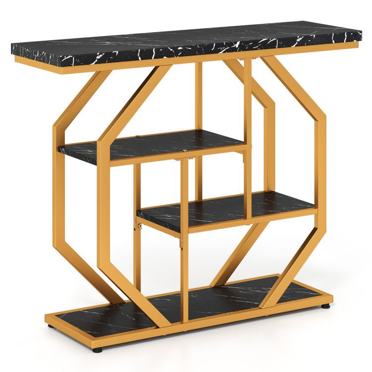 Modern Sofa Table Behind Couch 4-Tier Console Table with Faux Marble Tabletop