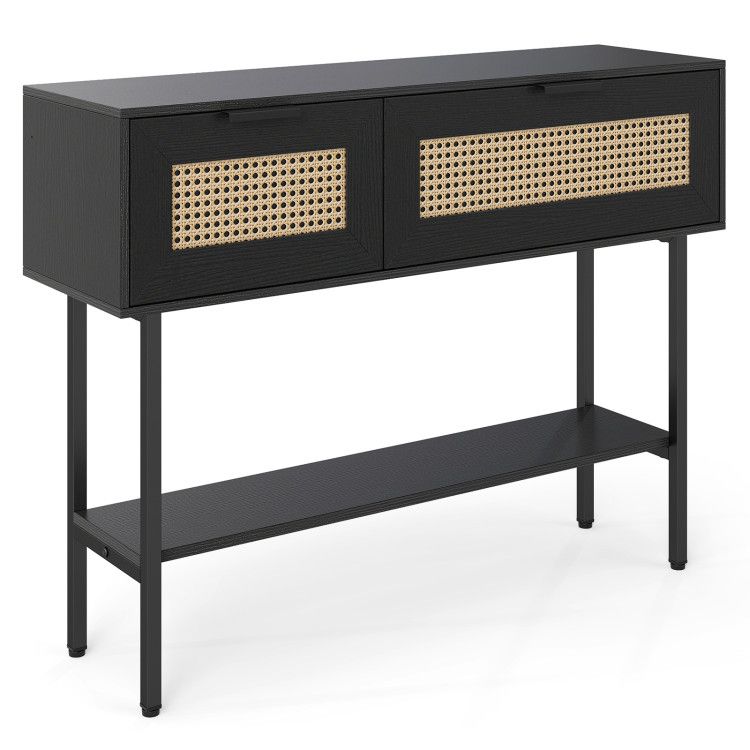 Rattan Console Table with 2 Storage Cabinets Shelf Carbon Steel Frame