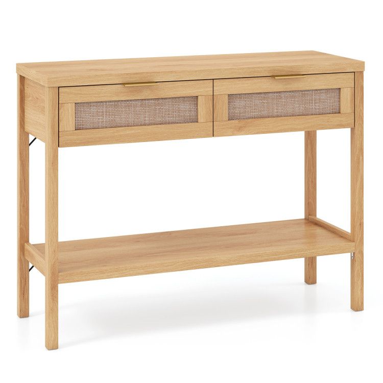 Rattan Console Table with 2 Drawers and Bottom Shelf