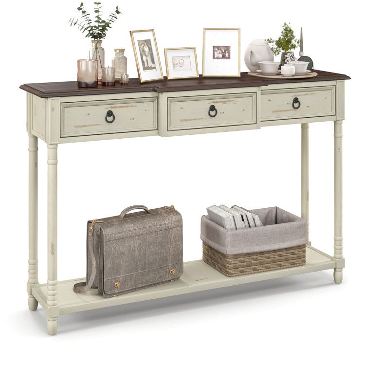 52 Inch Farmhouse Console Table with 3 Drawers and Open Storage Shelf for Hallway 52 Inch Farmhouse Console Table with 3 Drawers and Open Storage Shelf for Hallway