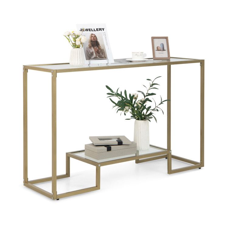 48 Inch 2-Tier Console Table with Tempered Glass Tabletop for Hallway 48 Inch 2-Tier Console Table with Tempered Glass Tabletop for Hallway