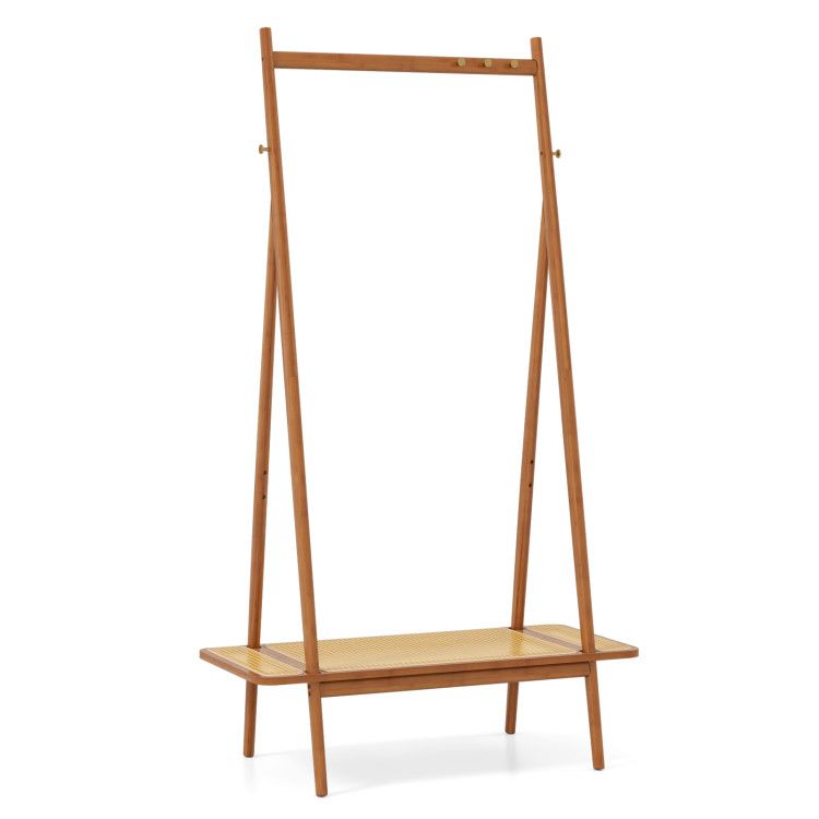 Bamboo Clothes Rack with Hanging Rod Rattan Shelf and Copper Hooks Bamboo Clothes Rack with Hanging Rod Rattan Shelf and Copper Hooks