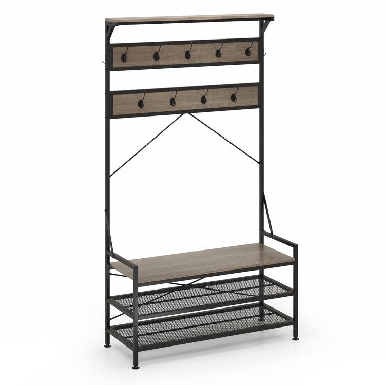 Coat Rack 4-In-1 Hall Tree with 11 Hanging Hooks Shoe Bench Coat Rack 4-In-1 Hall Tree with 11 Hanging Hooks Shoe Bench