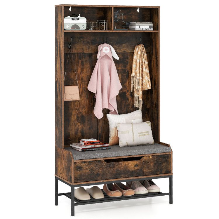 69 Inches Tall Hall Tree 4-in-1 Coat Rack with Seat Cushion and Shoe Storage