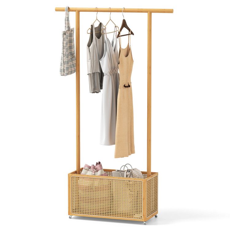 Bamboo Clothes Rack with Rattan Storage Basket and Wheels