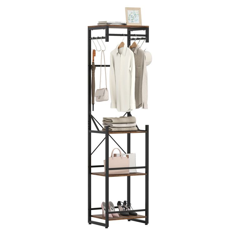 Freestanding Coat Rack with 4 Storage Shelves and 6 Hooks