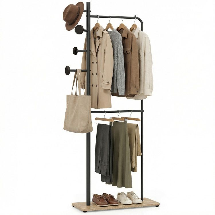 Double Rods Clothes Hanging Rack with Rubber Wood Hooks Double Rods Clothes Hanging Rack with Rubber Wood Hooks