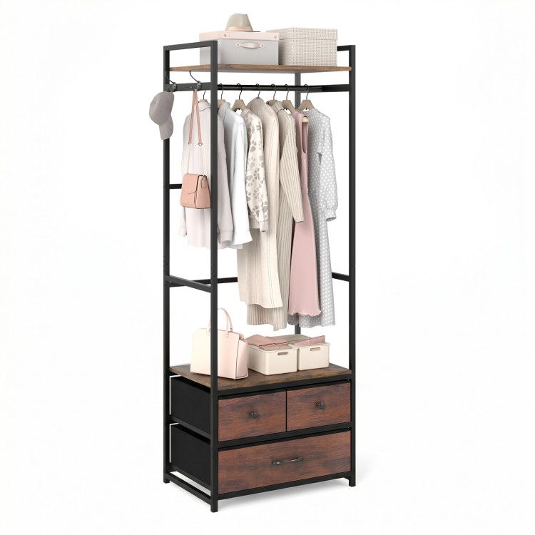 Clothes Rack with Drawers and Shelves with Side Hooks and Metal Frame