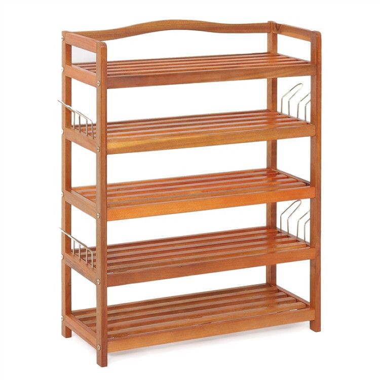 2-Tier/3-Tier/5-Tier Acacia Wood Shoe Rack with Side Metal Hooks
