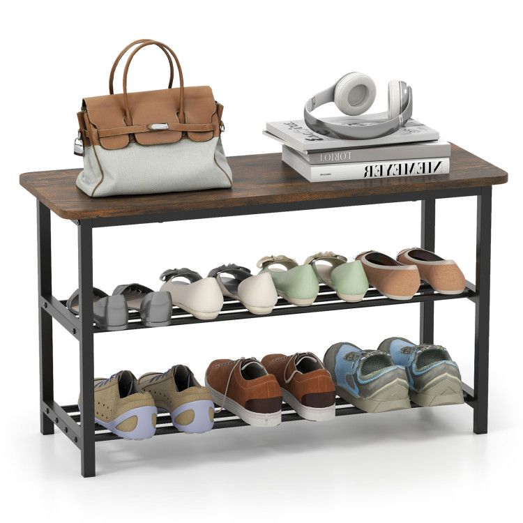 3-Tier Shoe Rack Shoe Bench with Metal Slat Shelves and Long Wooden Seat