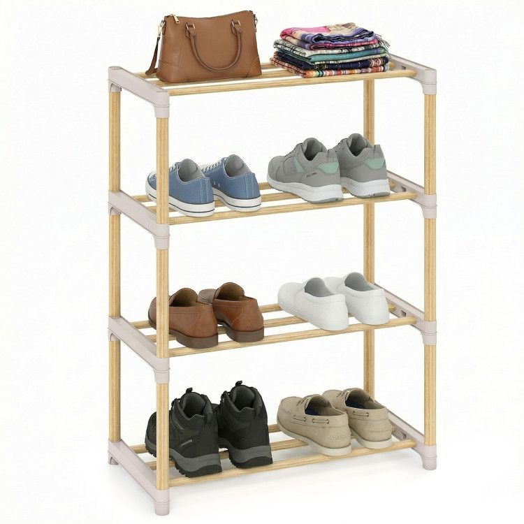 4-Tier Solid Wood Shoe Rack with Slatted Open Shelves
