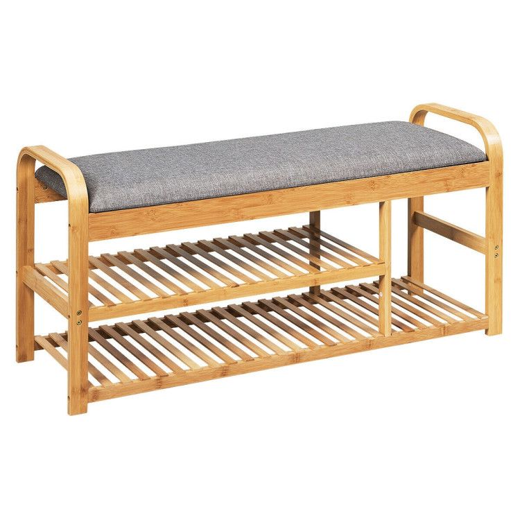 Entryway 3-Tier Bamboo Shoe Rack Bench with Cushion Entryway 3-Tier Bamboo Shoe Rack Bench with Cushion