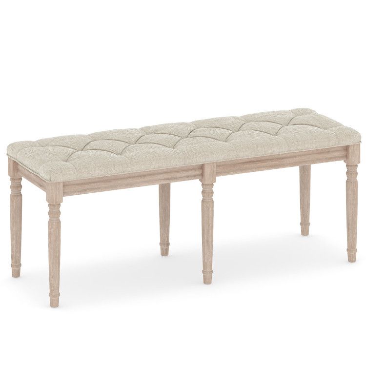 47.5 Inch Upholstered Bench with Carved Rubber Wood Legs and Padded Seat