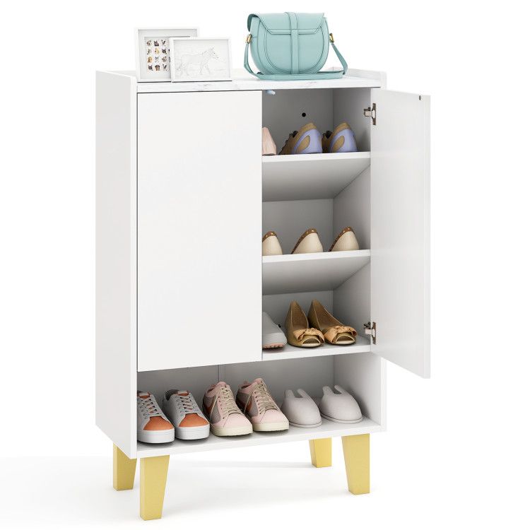 5-Tier Shoe Cabinet with Faux Marble Countertop and Flat Tilting Shelves