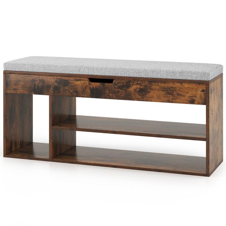 Padded Seat Shoe Bench with Hidden Storage and 3 Open Shelves