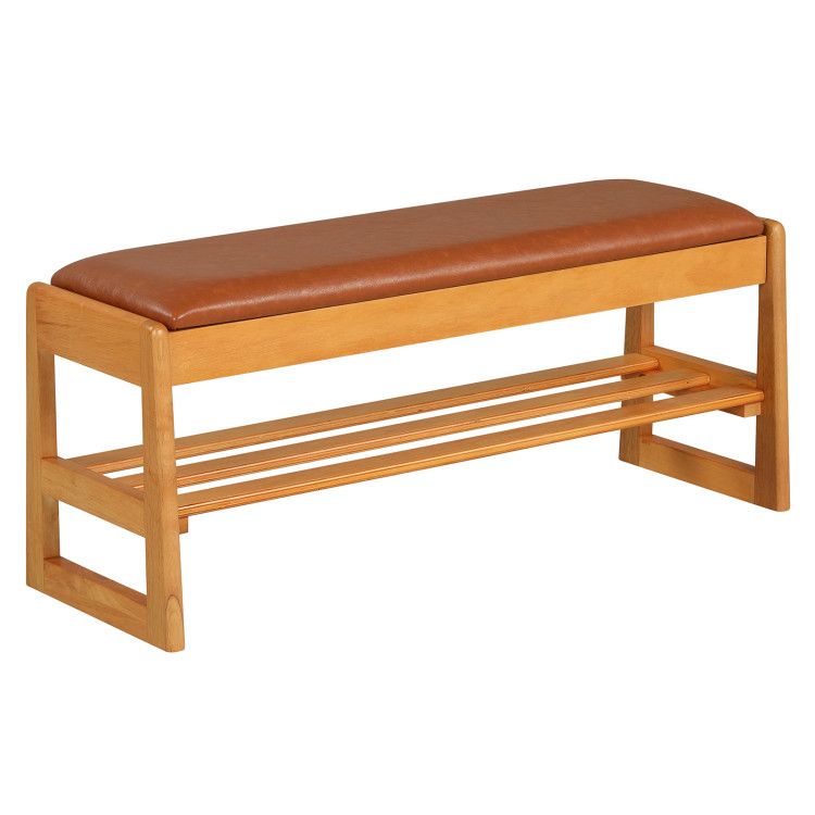 Shoe Rack Bench with Storage 2-Tier Rubberwood Entryway Bench with Flip-Open Storage
