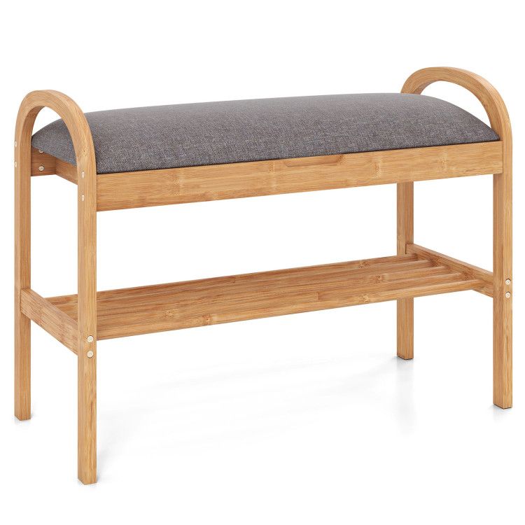 2-Tier Bamboo Shoe Bench with Storage and Padded Cushion