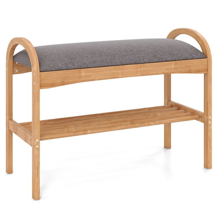 2-Tier Bamboo Shoe Bench with Padded Cushion and Shelf 2-Tier Bamboo Shoe Bench with Padded Cushion and Shelf