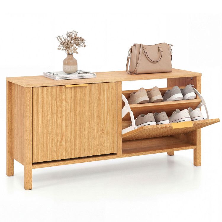 Shoe Storage Bench Narrow Wooden Entryway Bench with 2 Flip Drawers