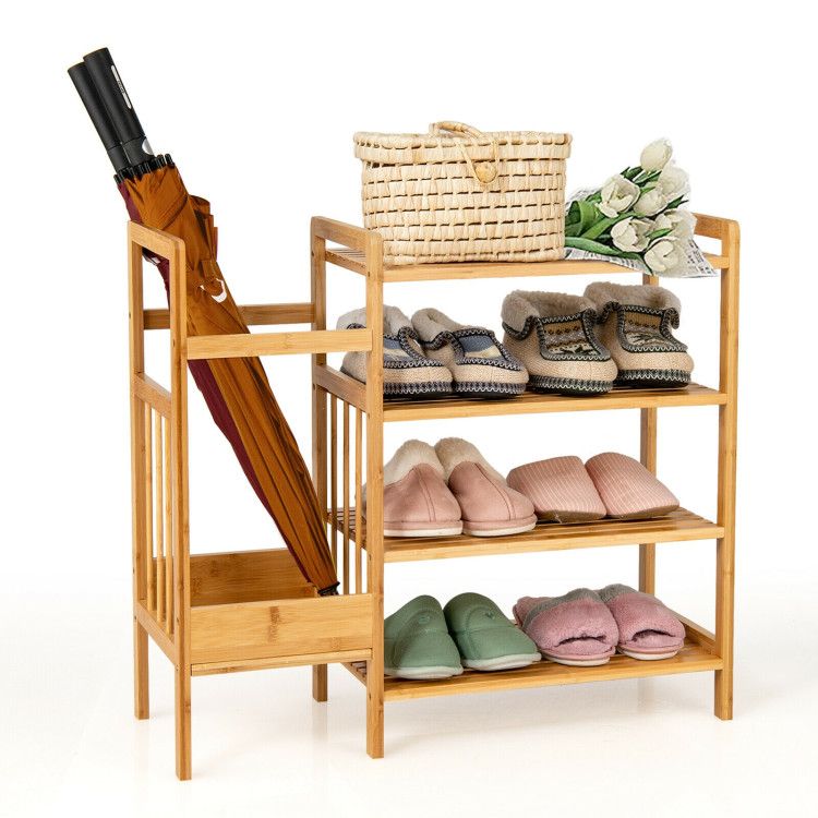 4-Tier Bamboo Shoe Rack Organiser with Umbrella Holder