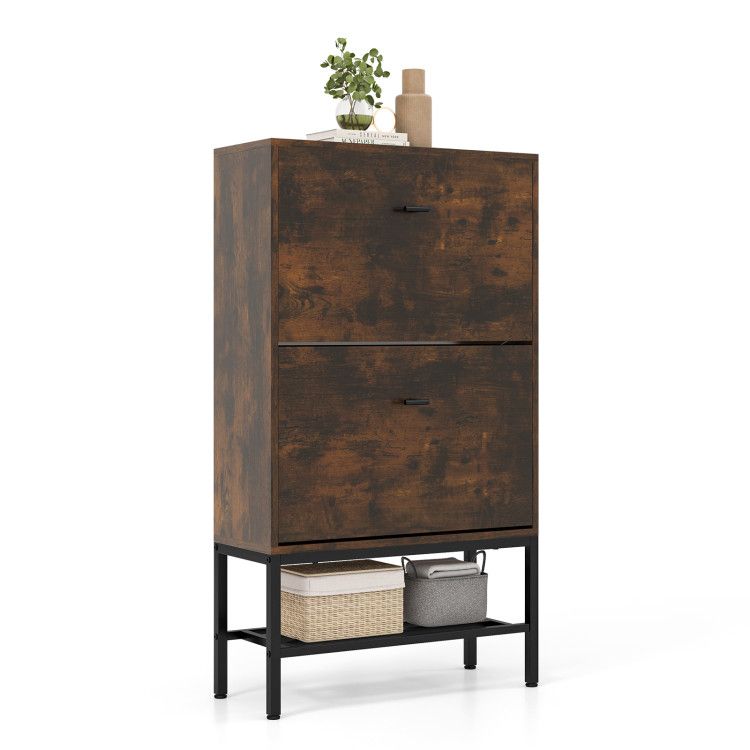 Industrial Shoe Storage Cabinet with 2 Flip Drawers and 1 Bottom Metal Shelf Industrial Shoe Storage Cabinet with 2 Flip Drawers and 1 Bottom Metal Shelf