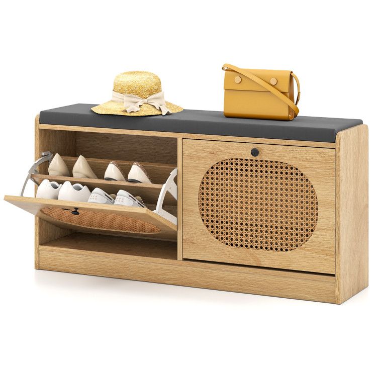 Shoe Storage Bench with Cushion Entryway Rattan Shoe Bench