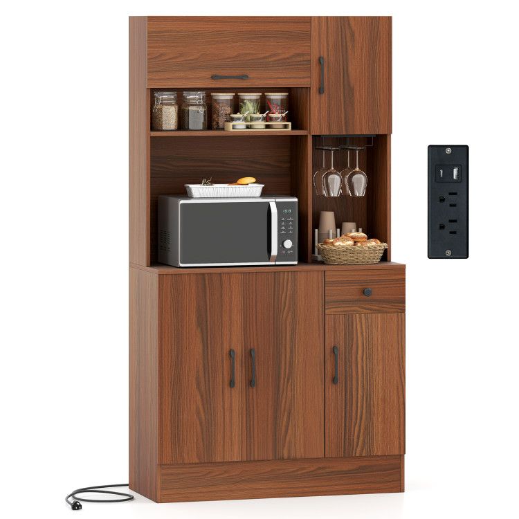 66 inch Pantry Cabinet with Charging Station and Microwave Stand