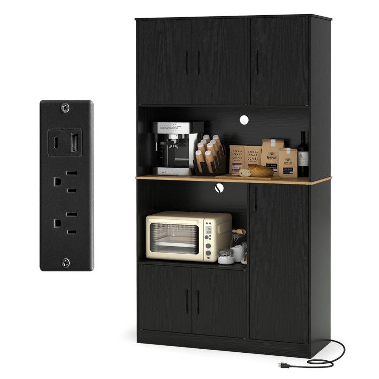 71 71" Tall Kitchen Pantry Cabinet with Charging Station Wooden Buffet Cupboard Sideboard