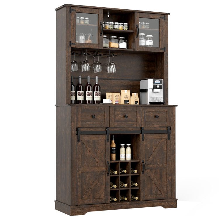 72 Inch Coffee Bar Cabinet with Drawers and Sliding Barn Doors