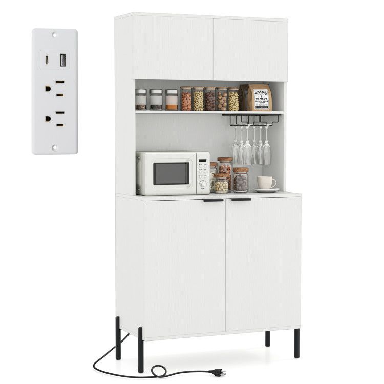 64.5 Inches Tall Kitchen Pantry Cabinet with Charging Station and Wine Glass Rack