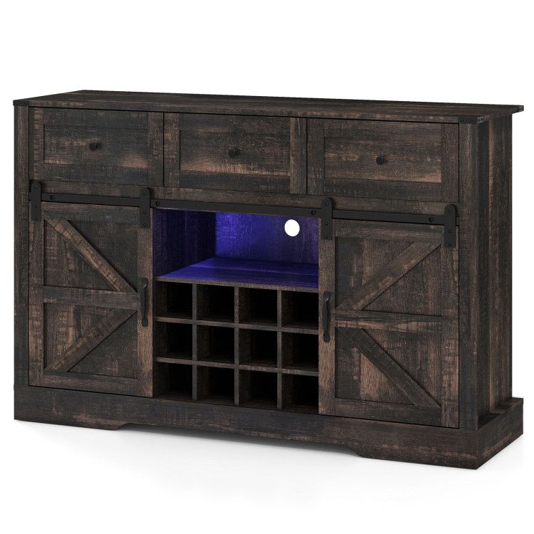 52 Inches Wine Bar Cabinet with LED Lights and Sliding Barn Doors