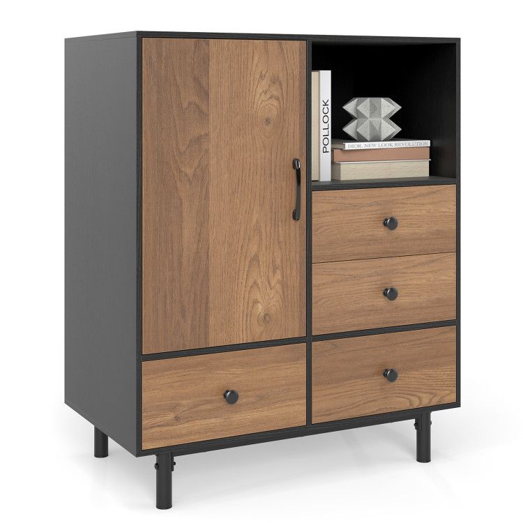 Buffet Sideboard Mid Century Modern Storage Cabinet with 4 Drawers and Open Compartment