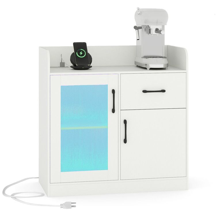 LED Buffet Sideboard with Charging Station with Drawer and Translucent Fluted Door