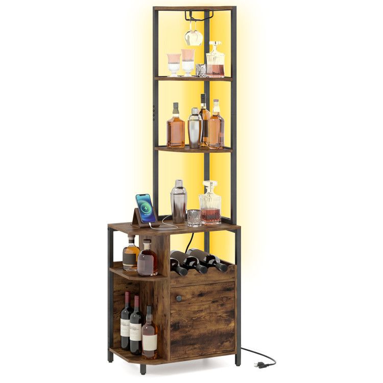 6-Tier Corner Bar Cabinet with LED Lights and Charging Station for Kitchen