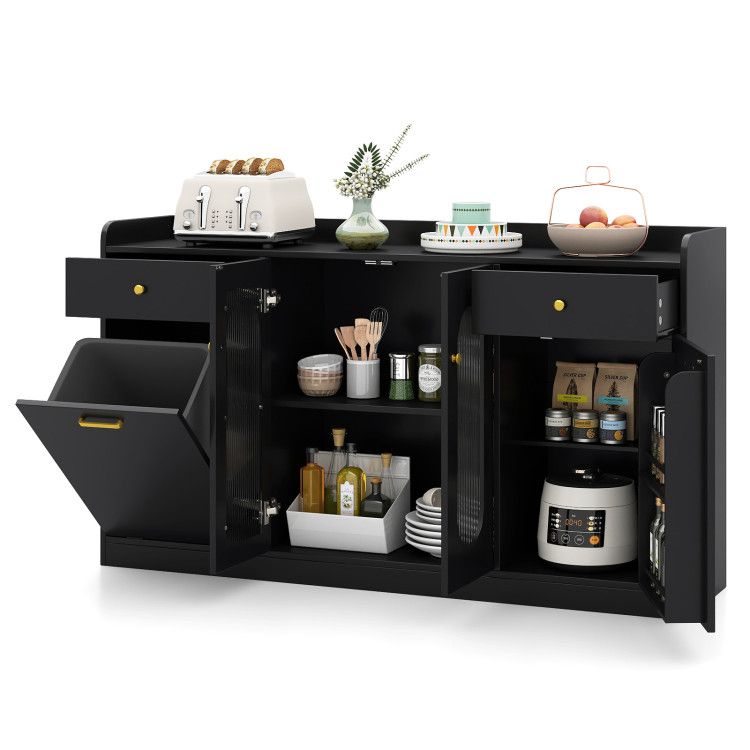 Large Buffet Cabinet Hidden Tilt Out Trash Can Cabinet with 2 Glass Doors