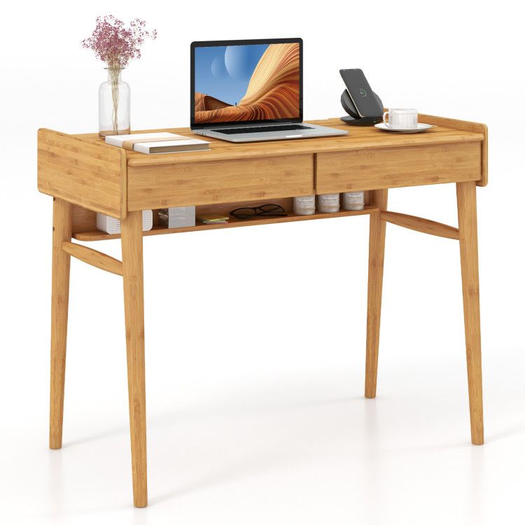 Bamboo Writing Desk with 2 Storage Drawers and Open Shelf Bamboo Writing Desk with 2 Storage Drawers and Open Shelf