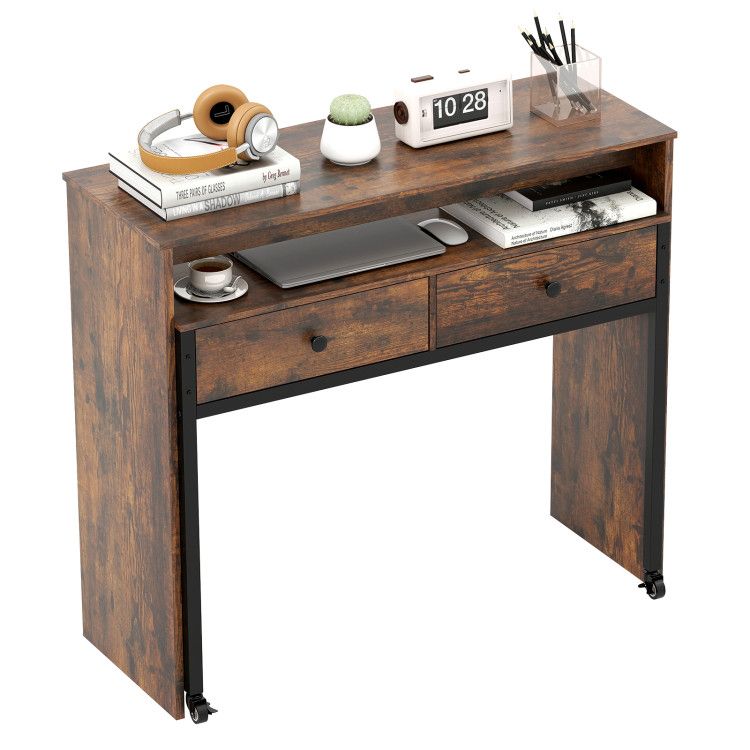 Extendable Computer Desk with 2 Storage Drawers Convertible Home Office Rolling Study Writing Desk Extendable Computer Desk with 2 Storage Drawers Convertible Home Office Rolling Study Writing Desk