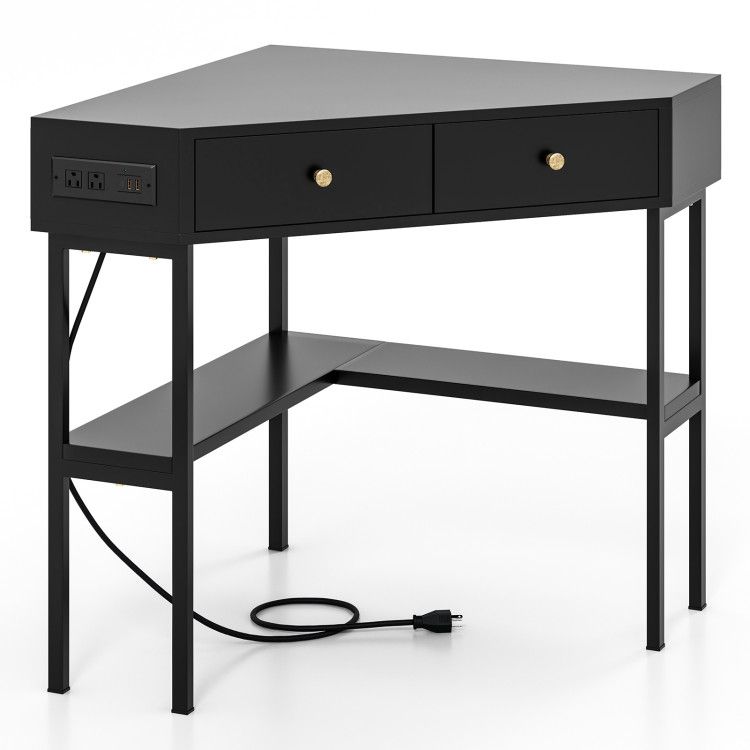 Triangle Corner Desk with Charging Station with 2 Drawers and Storage Shelf Triangle Corner Desk with Charging Station with 2 Drawers and Storage Shelf