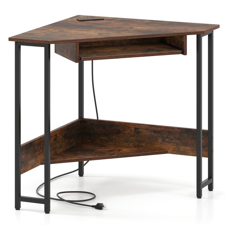 Triangle Corner Desk with Charging Station Keyboard Tray and Storage Shelf