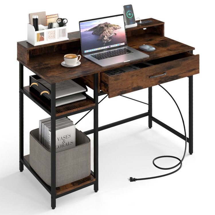 Computer Desk with Power Outlets 42inch Writing Desk with Hutch Drawer and 2 Open Shelves Computer Desk with Power Outlets 42inch Writing Desk with Hutch Drawer and 2 Open Shelves