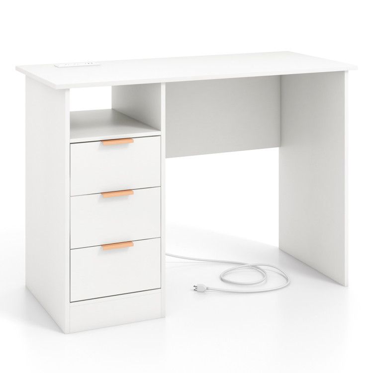 Home Office Desk with Power Outlet 3 Storage Drawers and Open Compartment Home Office Desk with Power Outlet 3 Storage Drawers and Open Compartment