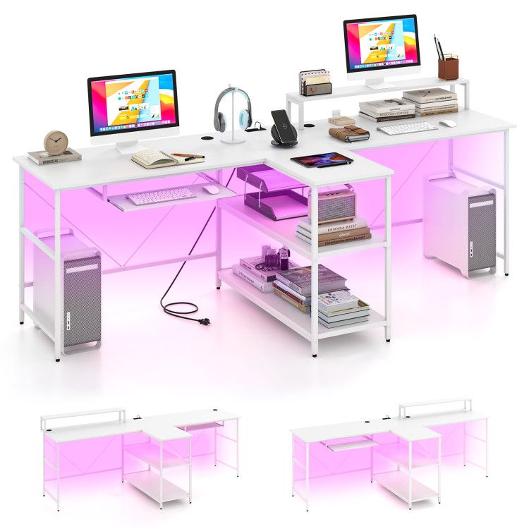 2-Person Reversible Computer Desk Long Office Desk with LED Lights 2-Person Reversible Computer Desk Long Office Desk with LED Lights