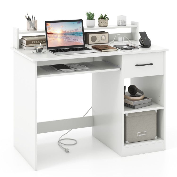 White Desk with Charging Station and Adjustable Shelf for Home Office