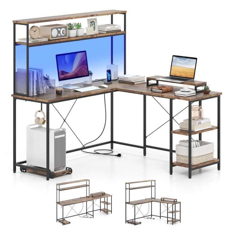 L-Shaped Reversible Gaming Desk with LED Strip and Power Outlets Hutch Monitor Stand