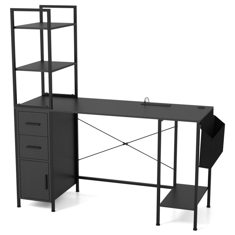 Office Desk with LED Lights and Power Outlets Computer Desk with Open Shelves